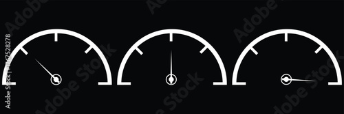 Dashboard speedometer icons set. Tachometer icon isolated. Performance indicator sign. Car speed. Fast internet speed sign. Stock flat vector elements. Speedometer vector, icon set. Set of speedometer