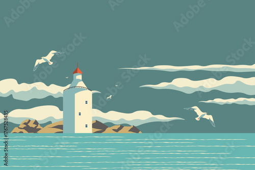 Lighthouse near the sea background, banner