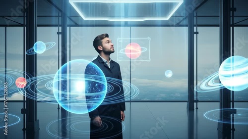 A man in a suit looks up at a futuristic solar system visualization