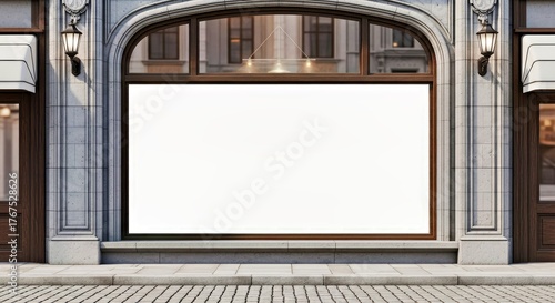Shopfront Advertisement: A clean and modern shopfront displays a large, empty advertising space, perfect for showcasing promotions or branding in a commercial setting.