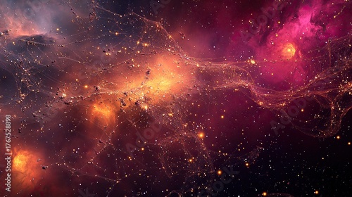 A galactic web glowing in luminous gold and silver over a backdrop split between fiery crimson and soft aubergine nebula clusters
