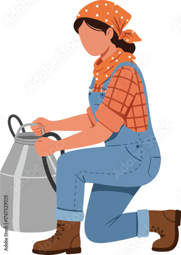 Farmer in overalls and bandana, kneeling with a milk can. Suitable for agricultural, farming, dairy, and rural lifestyle concepts.