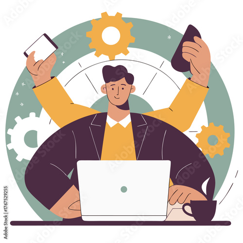 entrepreneur multitasking with phone and laptop  d