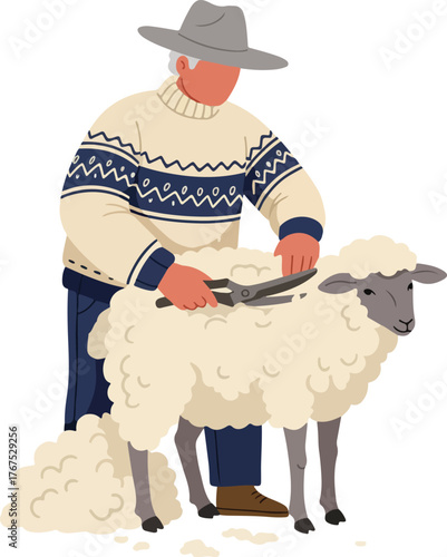 Man shearing wool from a sheep in a hat, suitable for agricultural, farming, and traditional livelihood concepts.