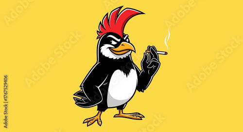 Cartoonish penguin with red crest and stern expression smoking a cigarette on yellow background