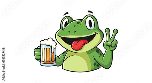 Cheerful cartoon frog raising a beer stein and giving the peace sign on isolated background