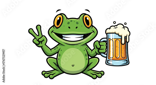 Humorous illustration of a cheerful cartoon frog holding a frothy beer mug making peace sign