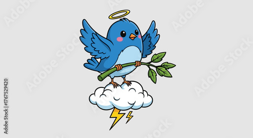 Whimsical avian illustration: Bluebird with halo and branch standing on stormy cloud