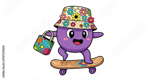 Cartoon blob character with floral hat skateboarding and carrying colorful tote bag outdoors