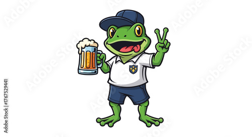 Cartoon frog mascot enjoying a refreshing beer with peace sign illustration with cheerful vibes