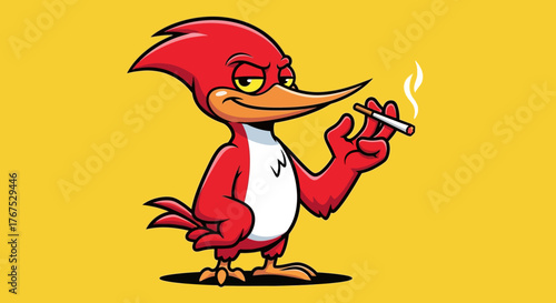 Cartoonish crimson bird with smirking expression enjoying a cigarette break on yellow backdrop