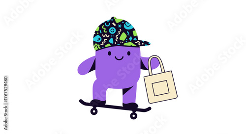 Playful purple character skating with reusable bag promotes sustainability and environmental