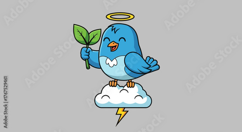 Serene avian messenger standing on a cloud with leaf, radiating hope and optimism