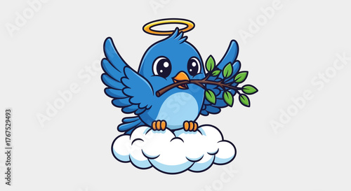 Whimsical bluebird character with halo perched on cloud carrying an olive branch