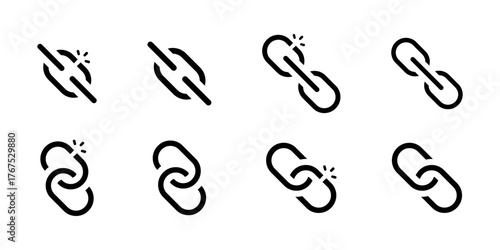 Link chain. Chains solid and breaking vector icon set