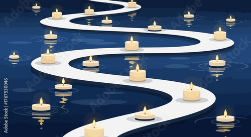 A serene winding path illuminated by glowing candles.