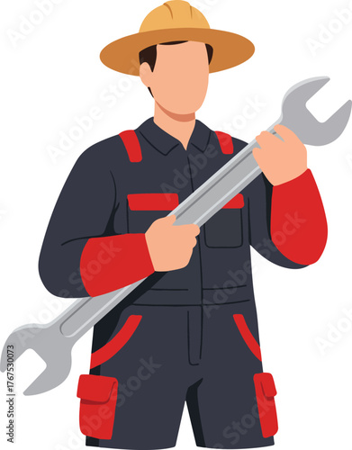 Faceless worker in overalls with a massive wrench, hardhat suitable for industrial, construction, and maintenance concepts.