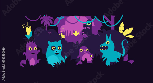A whimsical group of colorful cartoon monster characters.