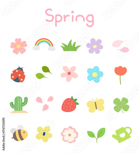 봄 귀여운 일러스트 아이콘 세트 - 봄꽃, 나비, 무당벌레, 딸기 벡터 디자인