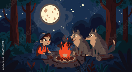 Nighttime Forest Gathering Boy, Wolves, Campfire Under Moonlight