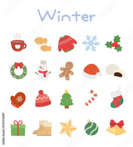 겨울 크리스마스 귀여운 일러스트 아이콘 세트 - 눈사람, 트리, 선물,붕어빵, 털모자,털부츠 벡터 그래픽