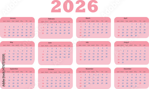 A full year calendar for 2026 with months clearly displayed
