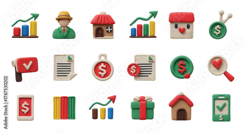 Set of 3d clay icons for finance, business, and real estate