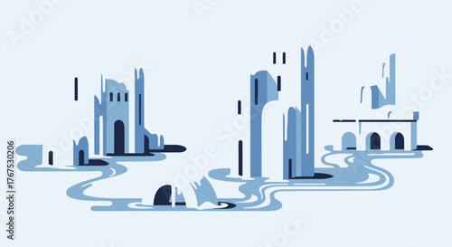 Abstract illustration of ancient blue architectural ruins and towers.