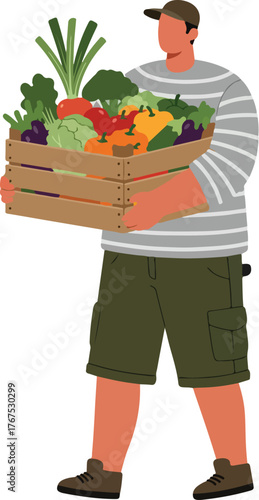 Suitable for promoting healthy eating, farmers markets, agricultural businesses, and sustainable food practices. Vibrant, enthusiastic man carries crate of fresh vegetables.