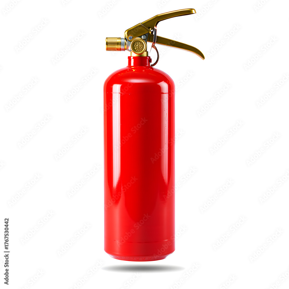 Obraz premium Red fire extinguisher with brass handle isolated on white background