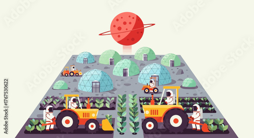 Astronauts farming on an alien planet with advanced technology.