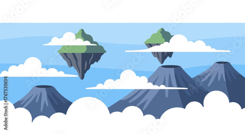 Cartoon Landscape with Floating Islands and Mountains.