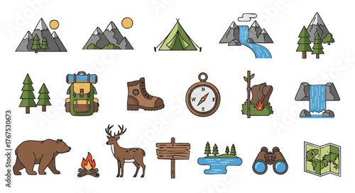 Vector icons set national park adventure nature forest travel
