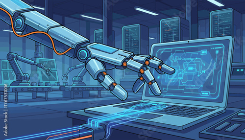 Advanced robotic arm with articulated fingers interacting with a futuristic laptop displaying a complex digital network diagram, set within a high-tech industrial laboratory with server racks and