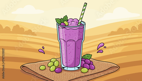 A vibrant and refreshing grape smoothie, bursting with purple and green grapes and mint leaves, served in a tall glass with a striped straw, set against a warm, sun-drenched landscape of rolling