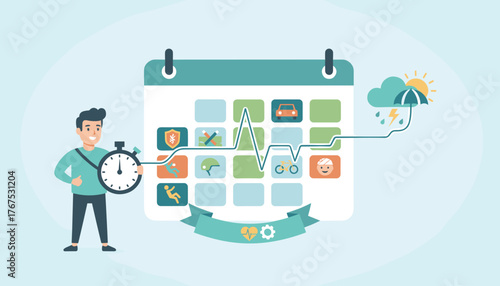 Modern flat vector illustration of an accident insurance schedule design, featuring a man with a stopwatch, a calendar with various icons representing risks like falling, cycling, car travel, and