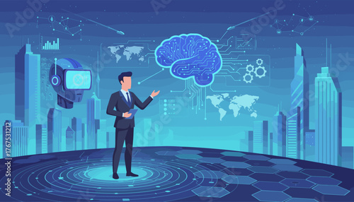Visionary businessman in a suit presenting a futuristic digital brain and VR headset against a backdrop of a glowing cityscape and global network connections, symbolizing AI and machine learning