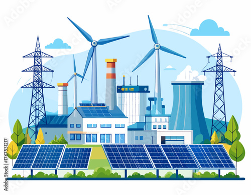 Eco friendly power plant flat color vector illustration. Alternative energy factory 2D cartoon landscape with wind turbines and solar panels on background. Environmentally safe electricity source

