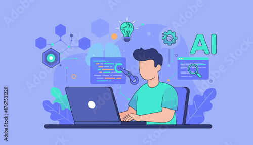 Artificial Intelligence powering web development and programming, a software engineer working on a laptop with code on screen, robotic arm, brain, lightbulb, and gears symbolizing innovation and