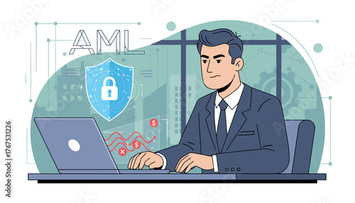 Anti-Money Laundering (AML) concept illustration: A businessman in a suit works on a laptop, with a digital shield and padlock symbolizing security and financial protection, against a backdrop of