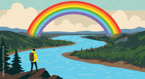 Vast River Landscape Under a Vibrant Rainbow with a Lone Hiker Overlooking the Scenic View