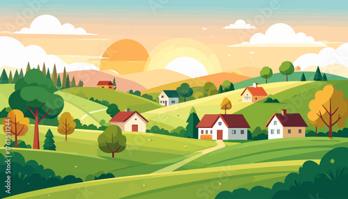 Autumn in hilltop village flat color vector illustration. 2D cartoon landscape. Tuscan scenery. Farmland scene. Harvest season. Agricultural field
