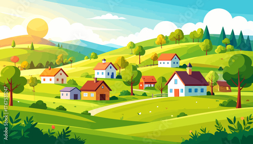 Autumn in hilltop village flat color vector illustration. 2D cartoon landscape. Tuscan scenery. Farmland scene. Harvest season. Agricultural field
