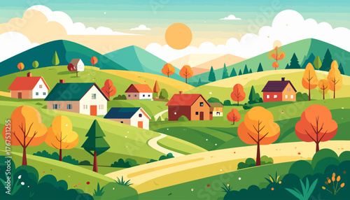 Autumn in hilltop village flat color vector illustration. 2D cartoon landscape. Tuscan scenery. Farmland scene. Harvest season. Agricultural field
