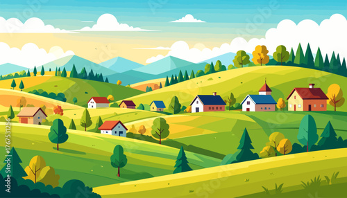 Autumn in hilltop village flat color vector illustration. 2D cartoon landscape. Tuscan scenery. Farmland scene. Harvest season. Agricultural field
