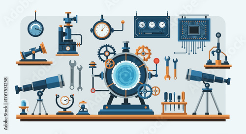 Collection of vintage steampunk scientific instruments and mechanical devices.