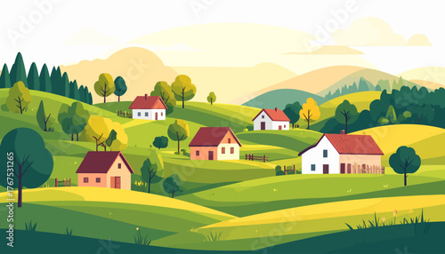 Autumn in hilltop village flat color vector illustration. 2D cartoon landscape. Tuscan scenery. Farmland scene. Harvest season. Agricultural field
