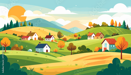 Autumn in hilltop village flat color vector illustration. 2D cartoon landscape. Tuscan scenery. Farmland scene. Harvest season. Agricultural field
