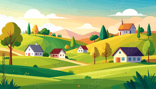 Autumn in hilltop village flat color vector illustration. 2D cartoon landscape. Tuscan scenery. Farmland scene. Harvest season. Agricultural field

