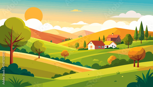 Autumn in hilltop village flat color vector illustration. 2D cartoon landscape. Tuscan scenery. Farmland scene. Harvest season. Agricultural field
